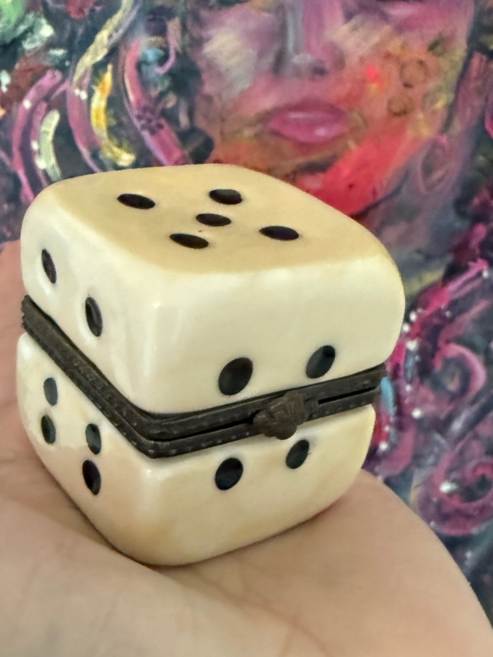 Porcelain Dice Trinket Box with Black Pips in Ivory With Mini Collection